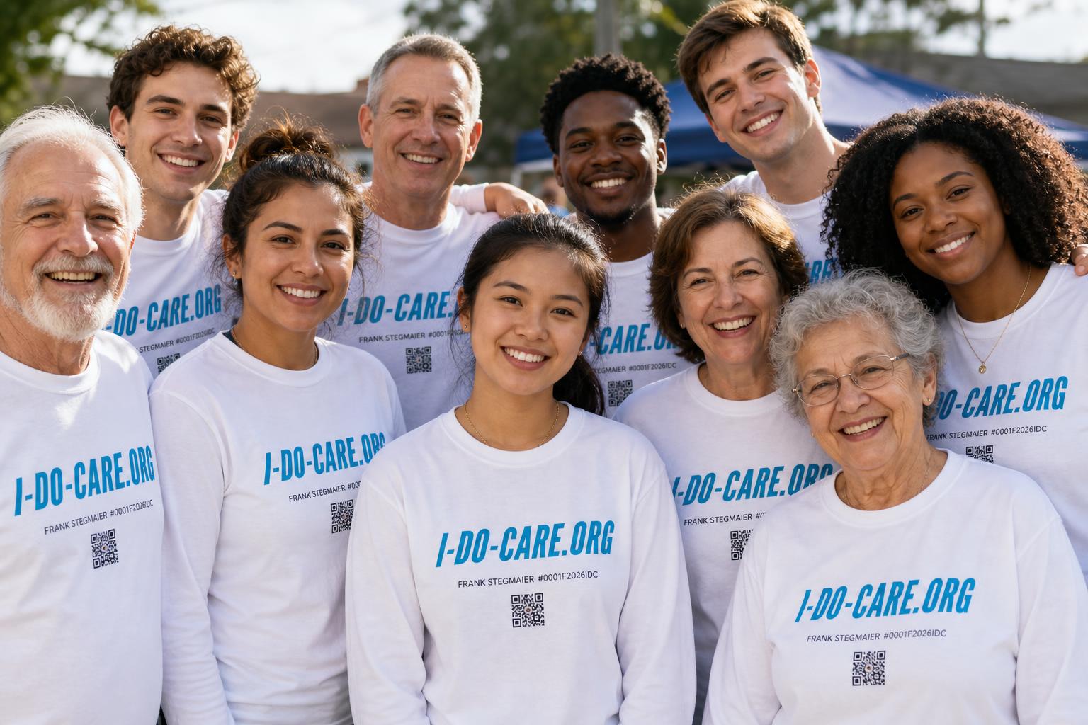 Vielfältige Gruppe junger und älterer Menschen mit I-DO-CARE.ORG T-Shirts